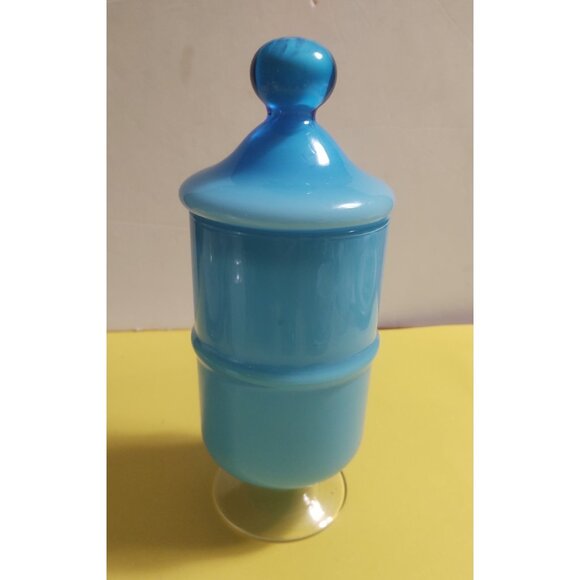 9" Gunnar Ander Design Encased Blue/Turquoise Opaline Art Glass Jar Lidded - Picture 8 of 12